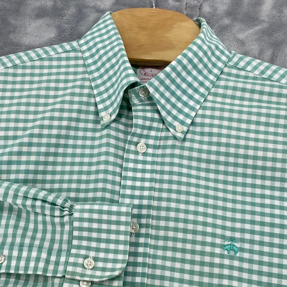 Brooks Brothers Madison Fit Gingham Shirt Mens Large Green White Non-Iron